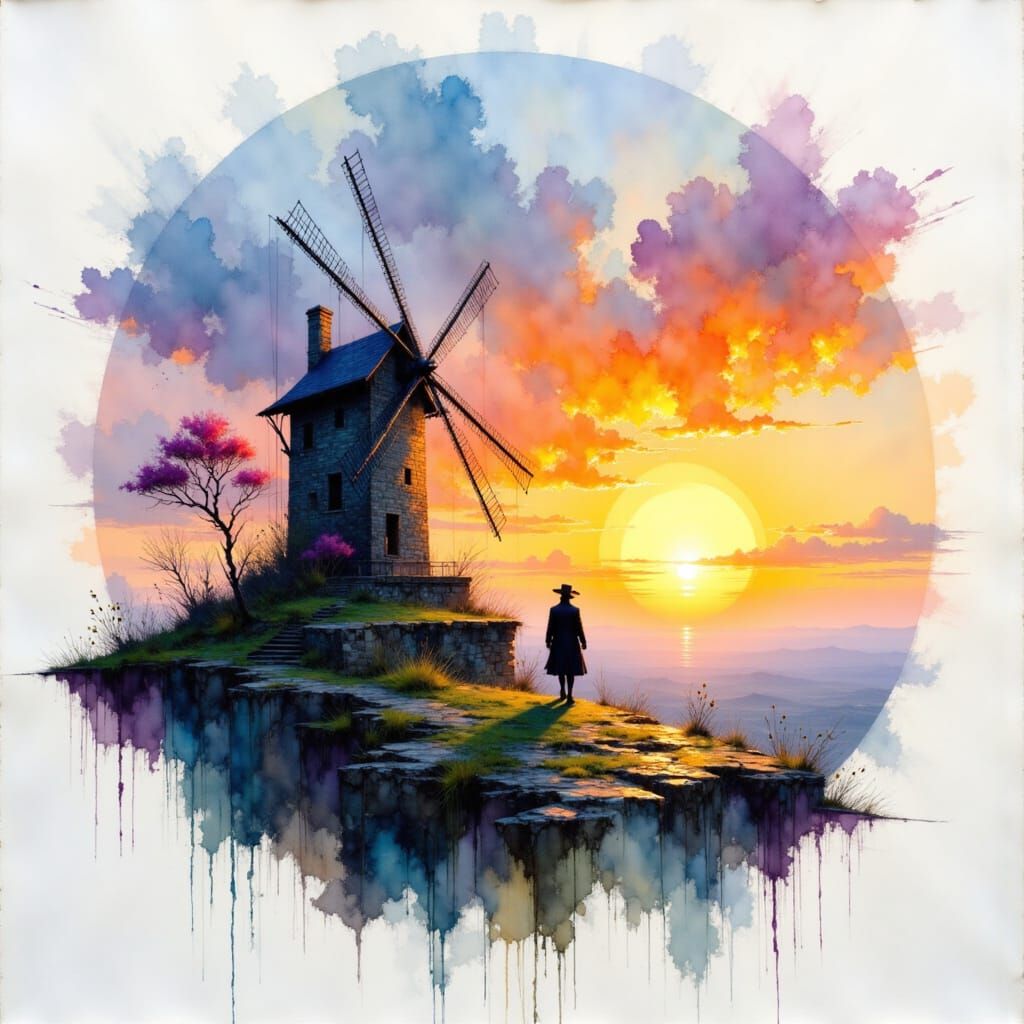 Vibrant Windmill Sunrise in Springtime, Charcoal Sketch Styl...