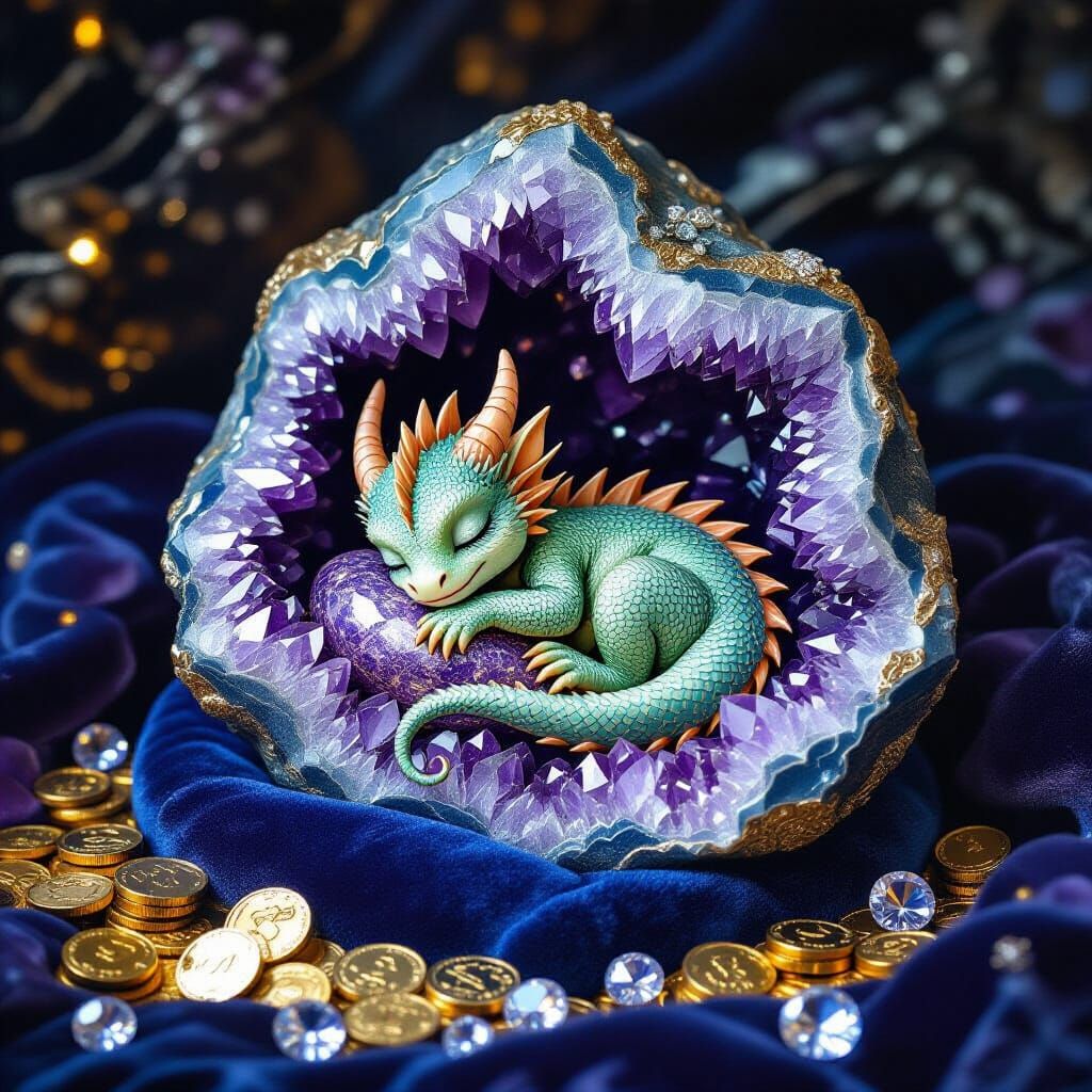 Sleeping Baby Dragon in Amethyst Geode, Fantasy Art