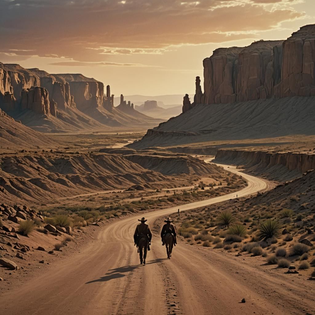Dramatic Western Landscape at Sunset in Cinematic Style