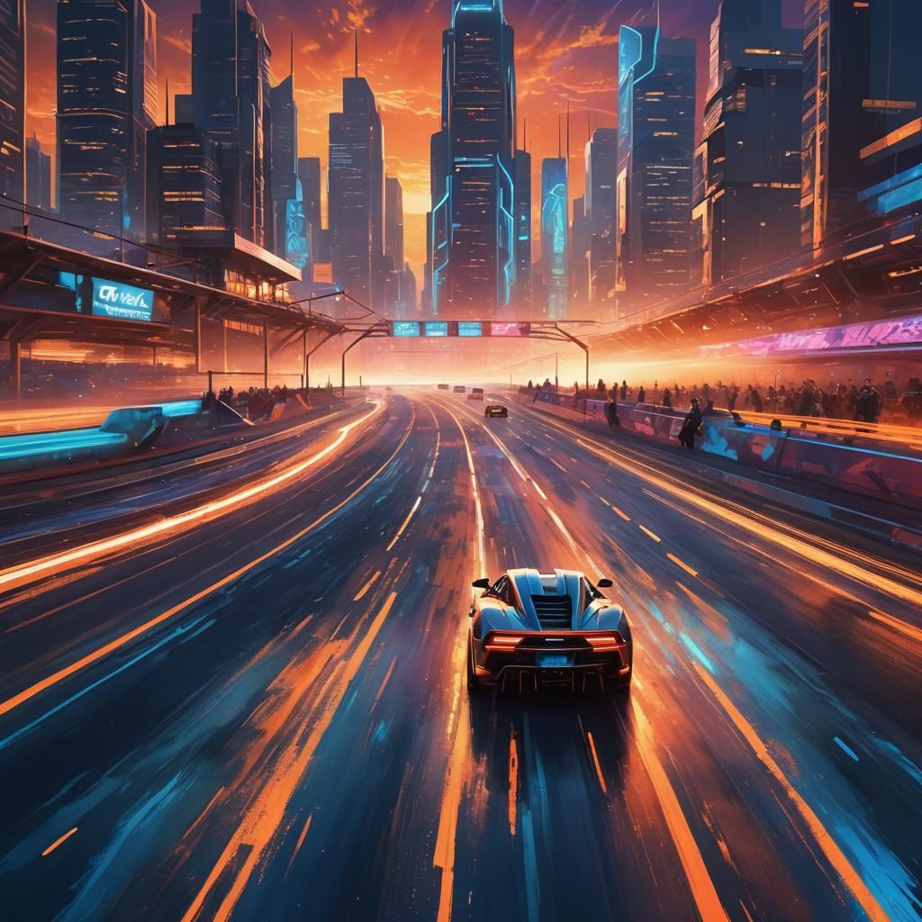 Futuristic Race Car in Neon Cityscape Digital Art