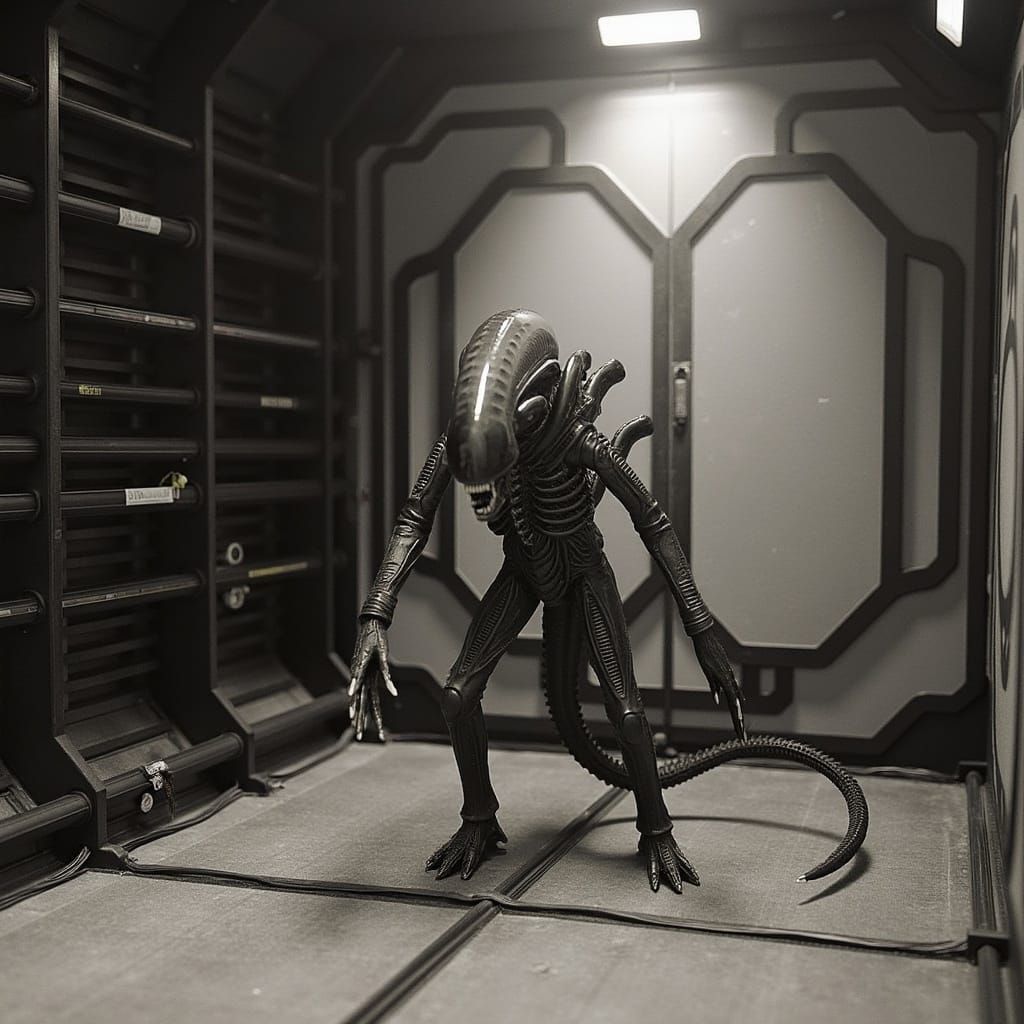 Biomechanical Alien Emerges from Fog-Shrouded City Streets