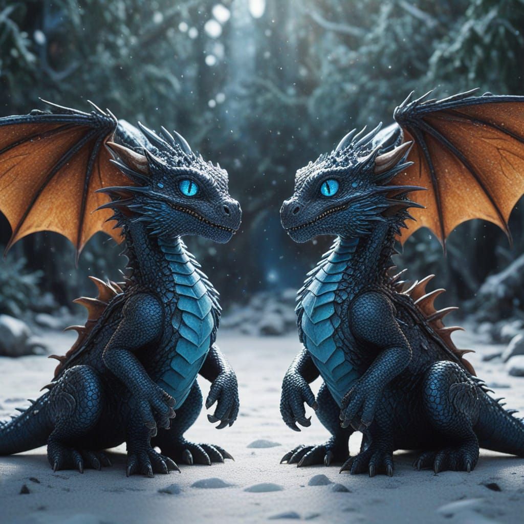 Baby Dragons Play in Frosty Winter Wonderland with Fiery Glo...