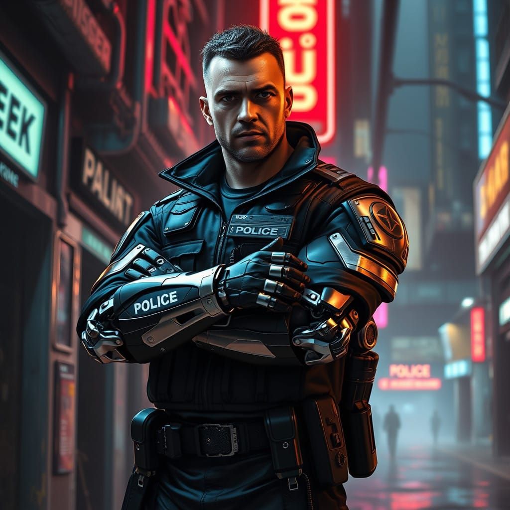 Cyborg Police Officer in Futuristic Urban Setting