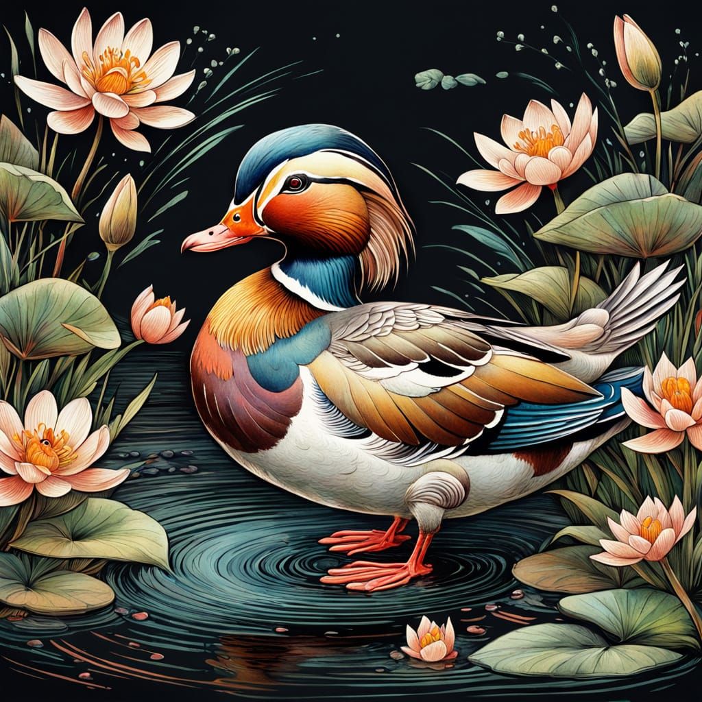 Vibrant Chalk Illustration of Mandarin Duck on Riverbank