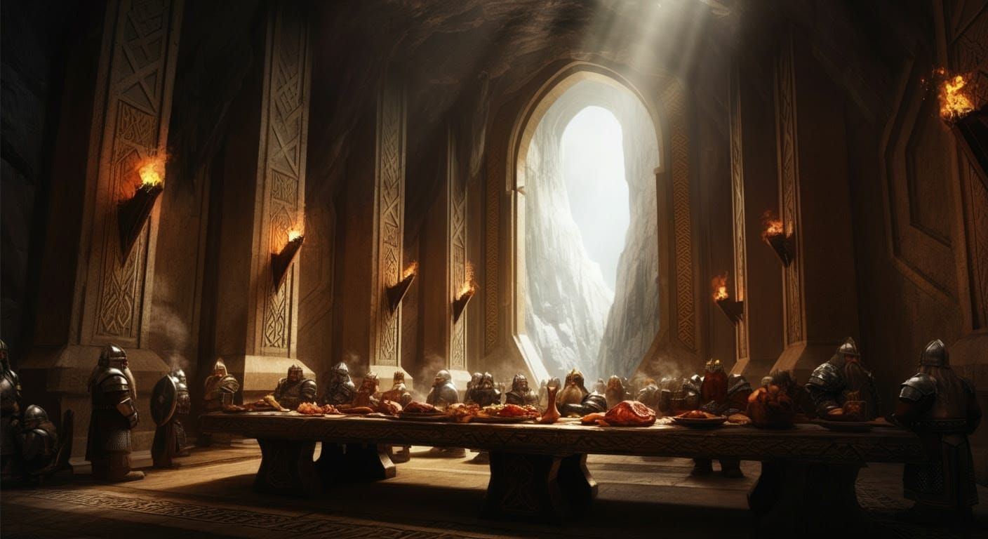 Ancient Dwarven Great Hall Illuminated by Torches and Warm G...