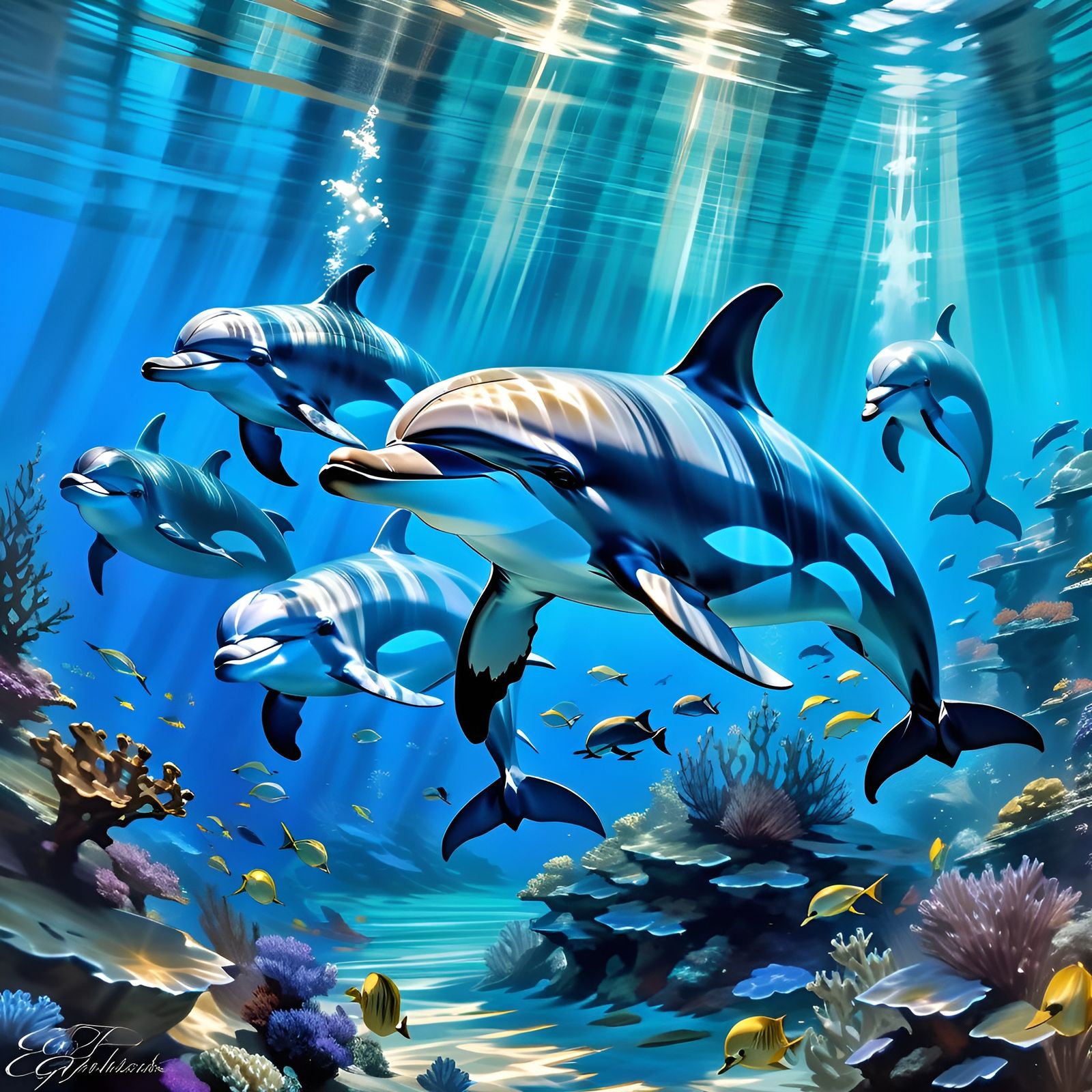 Epic Underwater Dolphin Scene with Acrylic Painting Effects