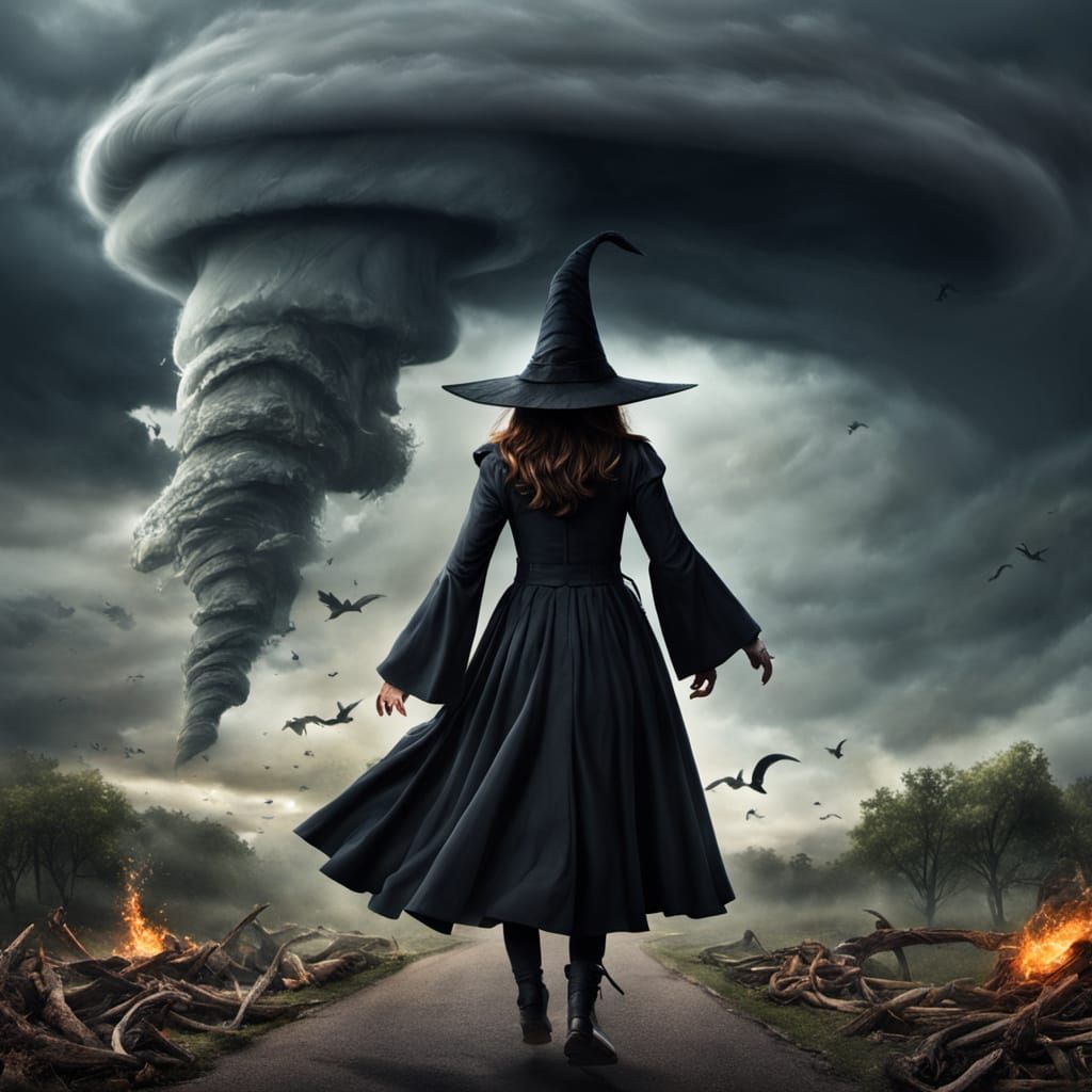 Mystical Witch Swept by Turbulent Storm