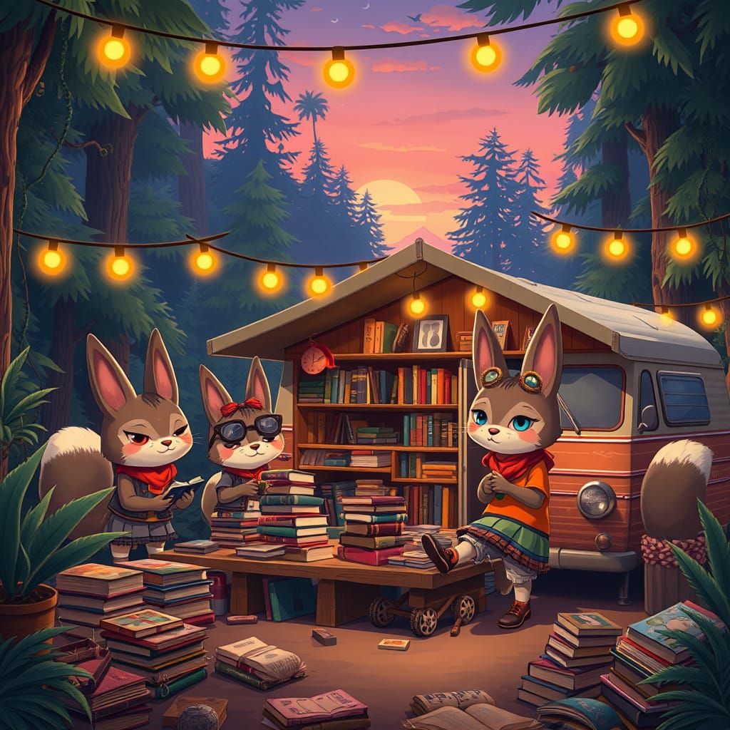 Whimsical Kitsune Bookstore at Summer Camp in Fantasy Art St...