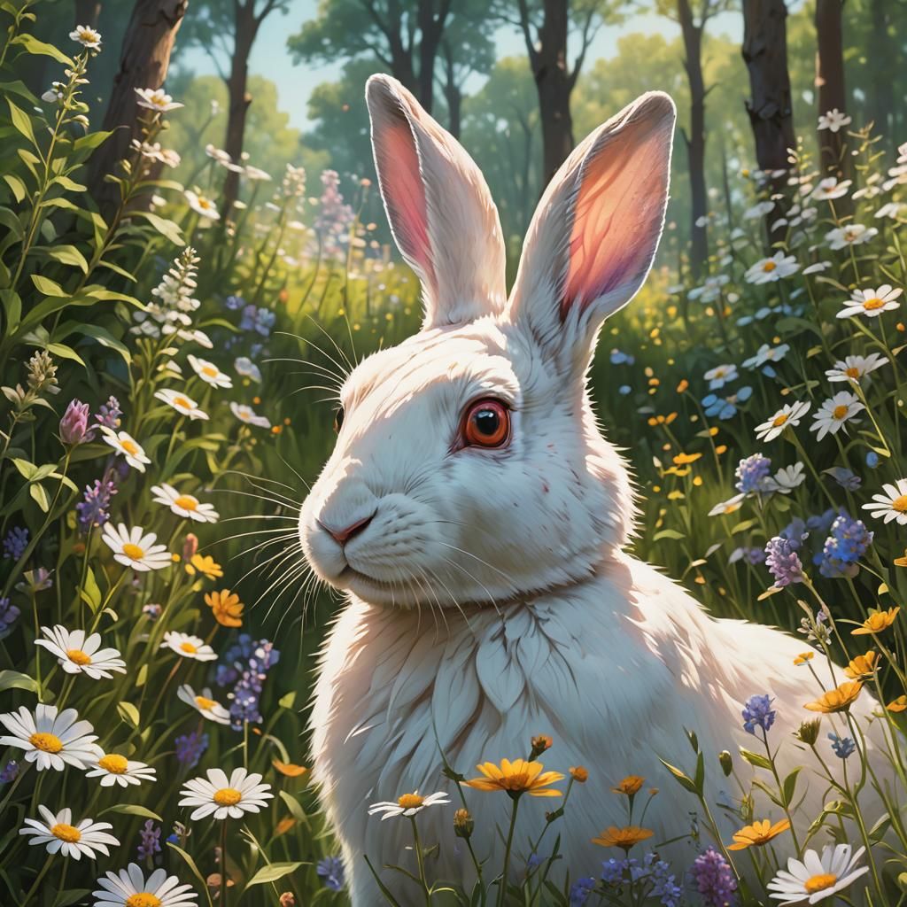 Dreamy White Rabbit Portrait in Art Nouveau Style