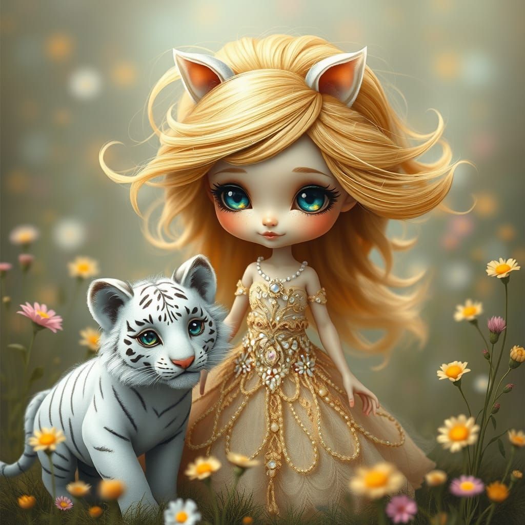 Whimsical Princess in Dreamy Landscape with Tiny Tiger