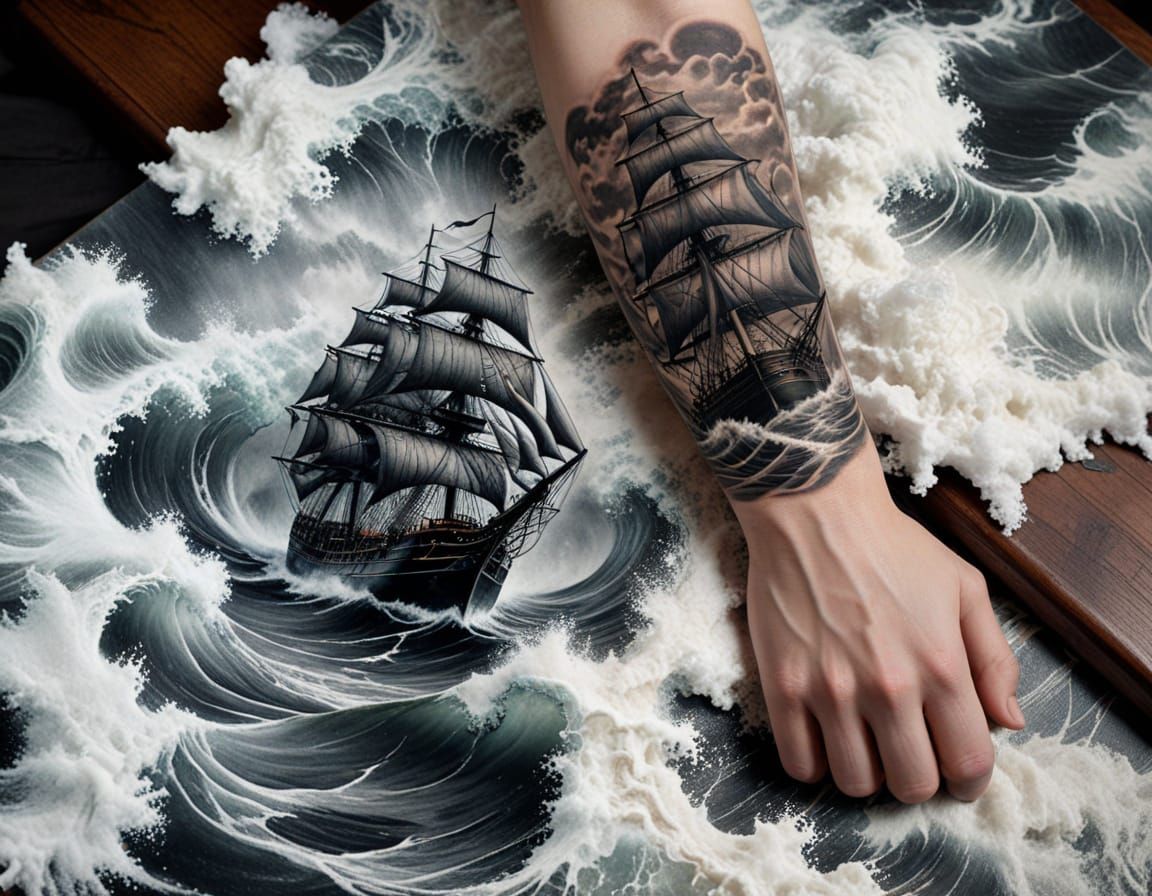 Clipper Ship Tattoo in Blackwork Style