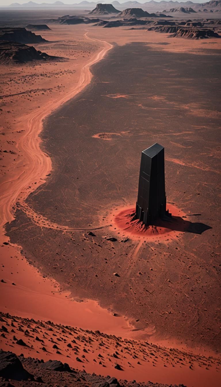 Black Monolith in Red Desert with Spaceships