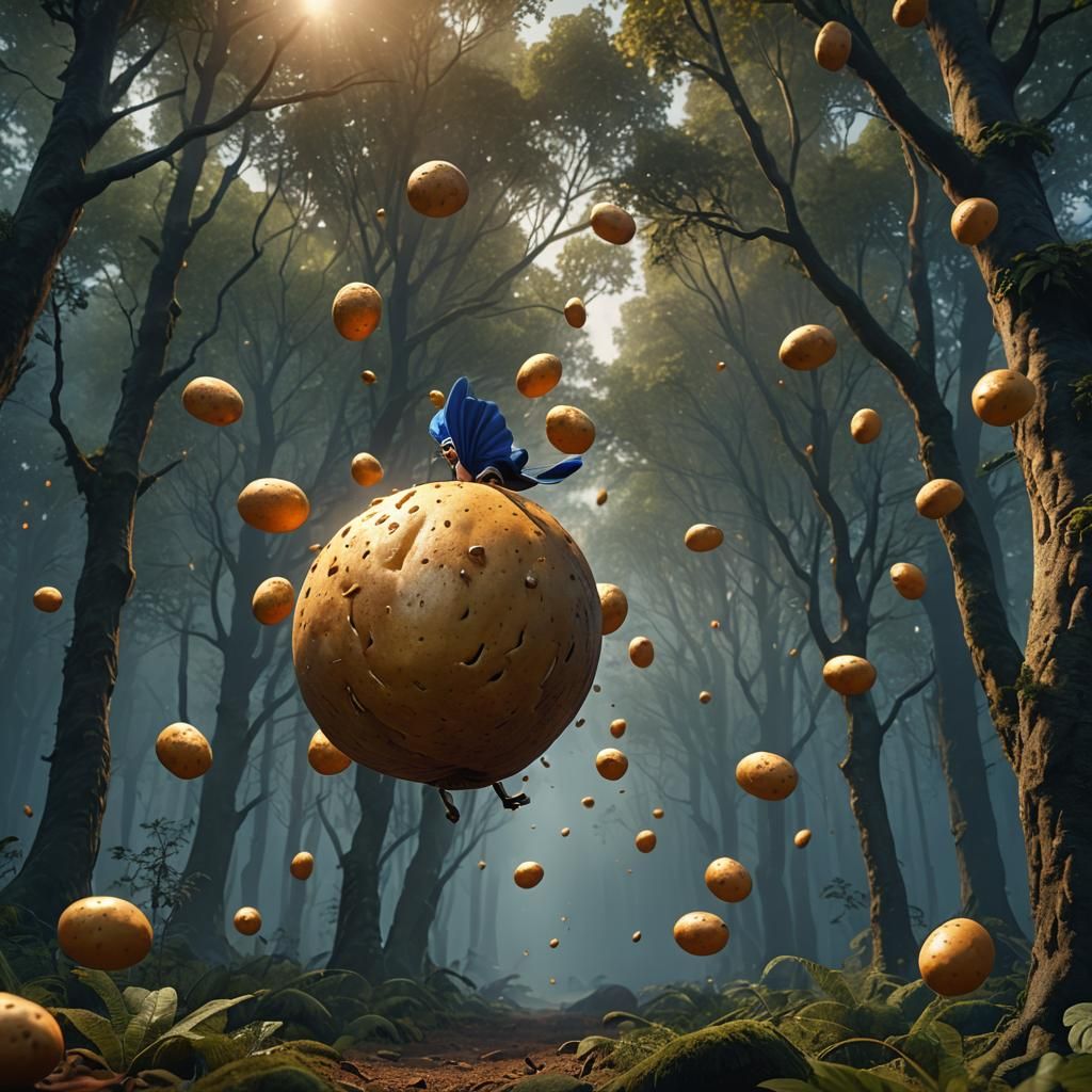 Flying Potato in Mystical Forest: Fantastic Realism