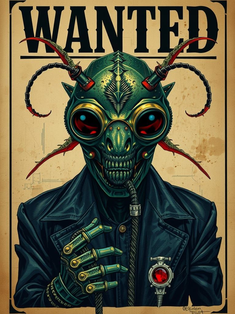 Alien Insectoid 'WANTED' Poster in Sci-Fi Style