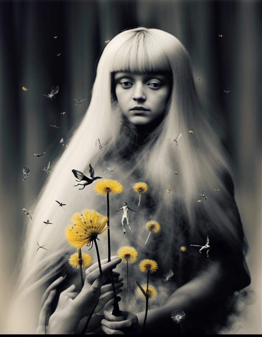 Winged Fairies in Dandelion Dreamscape, Surrealist Art