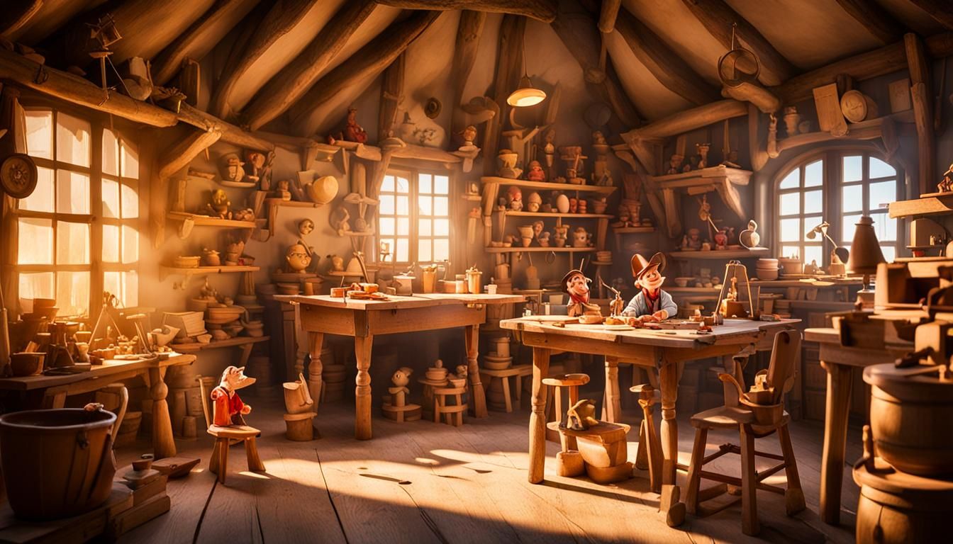 Geppetto's Puppet Workshop in Disney Cartoon Style