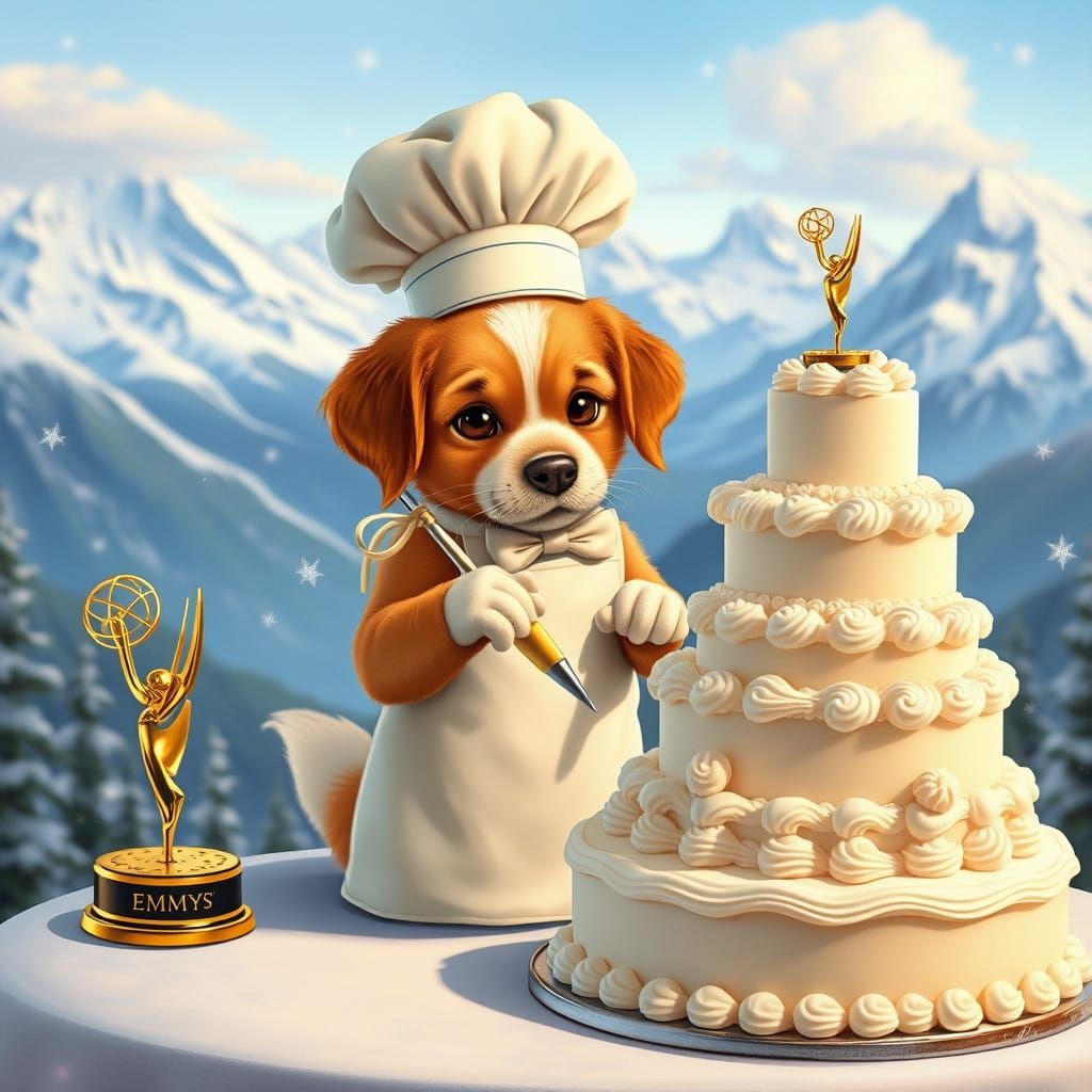 Whimsical Puppy Bakes Wedding Cake in Snowy Wonderland