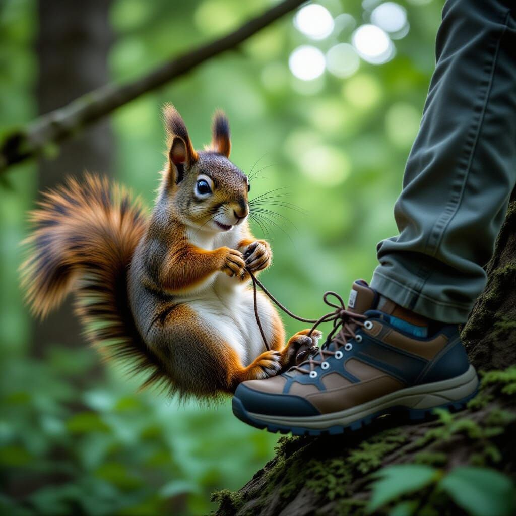 Playful Squirrel Untying Shoelaces in Lush Forest