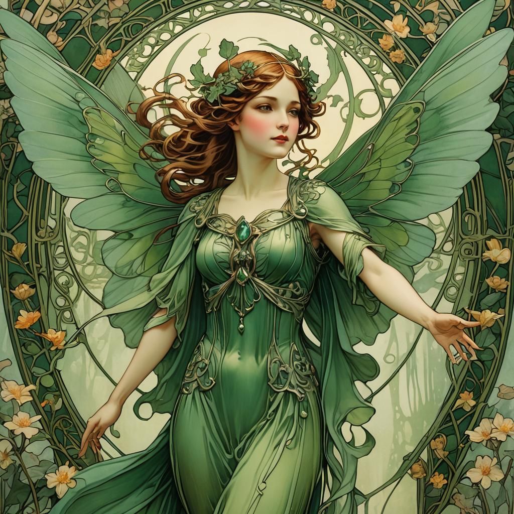 Art Nouveau Green Fairy with Outstretched Wings