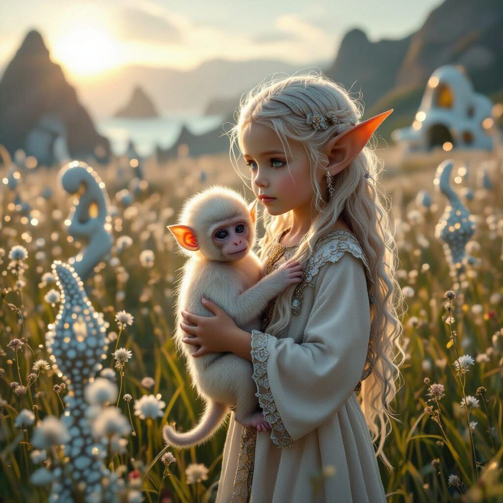 Elven Child with Monkey in Fractal Sculpture Garden
