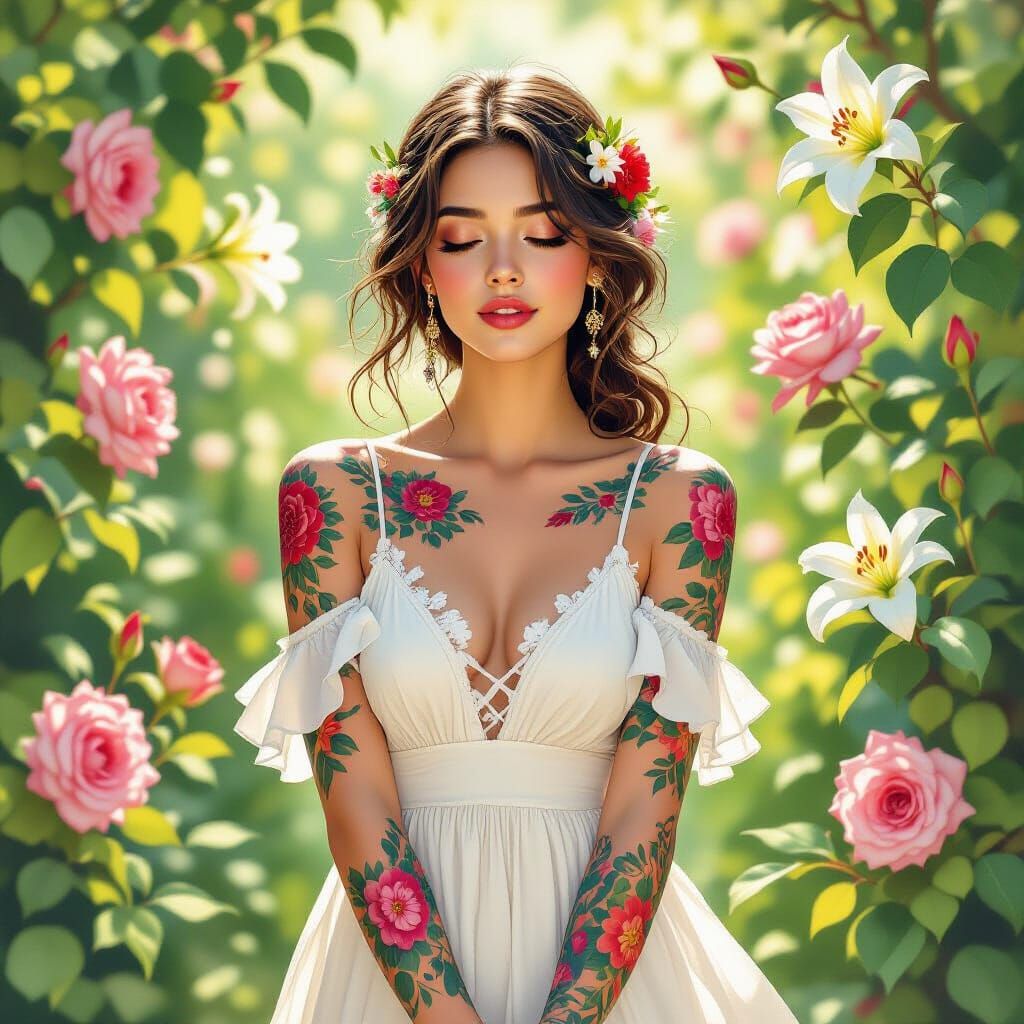 Woman with Floral Tattoos in Art Nouveau Style