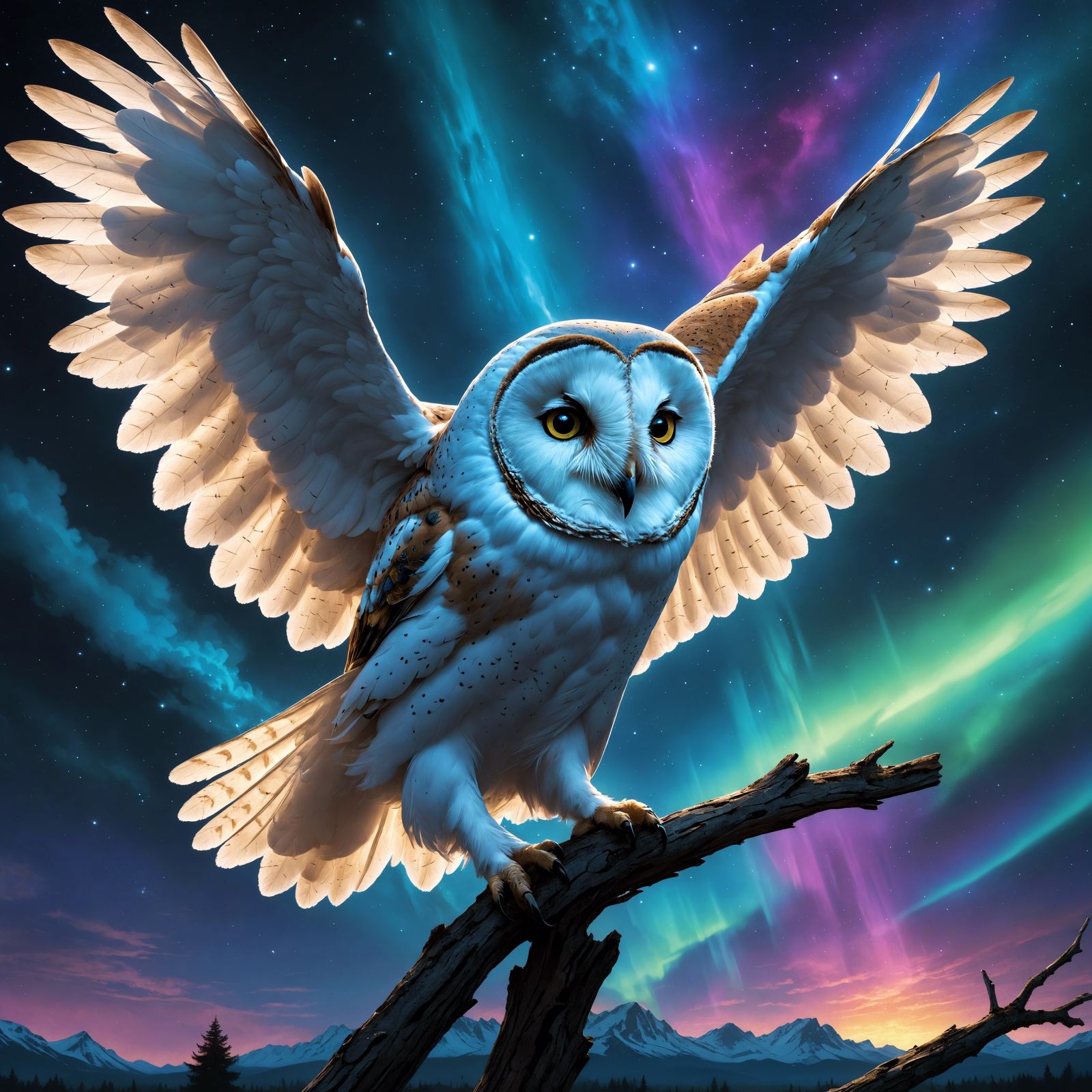 Neon Key: Owl in Aurora Sky