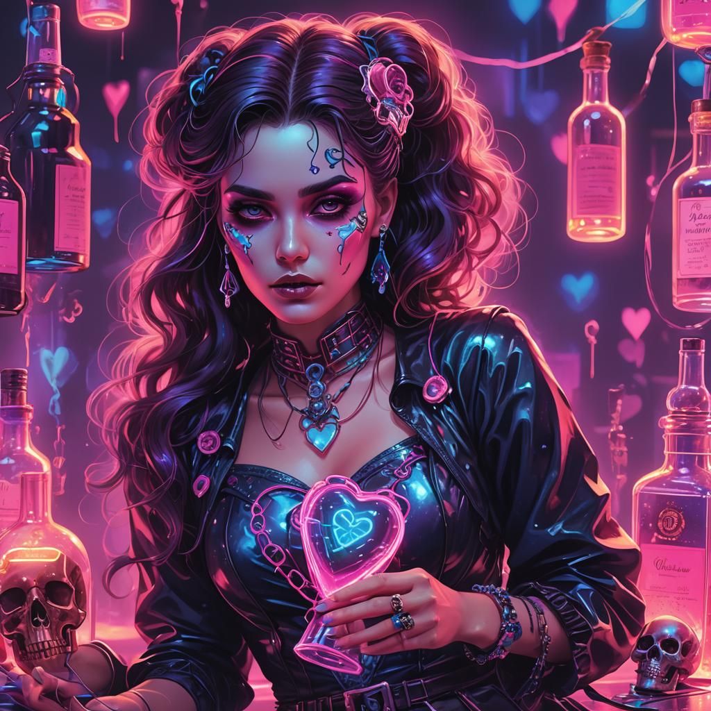 Synthwave Neon Portrait with Antique Bottle