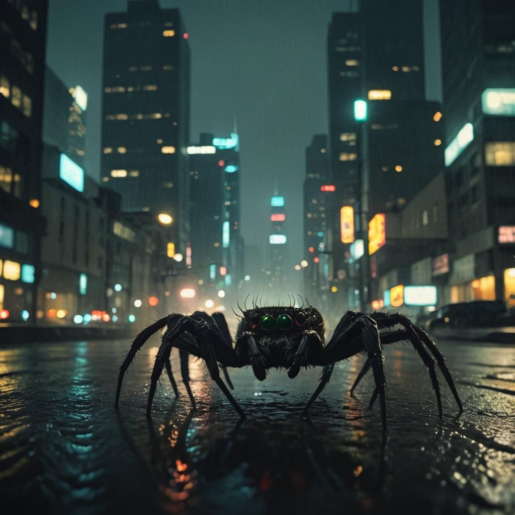 Spider on Skyscraper in Noir Cinematic Style