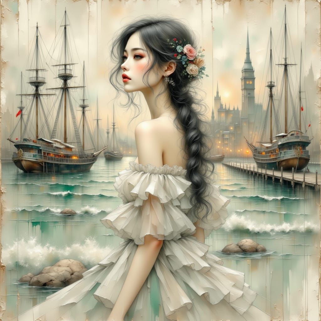 Anime Woman in Muted Cityscape with Ships