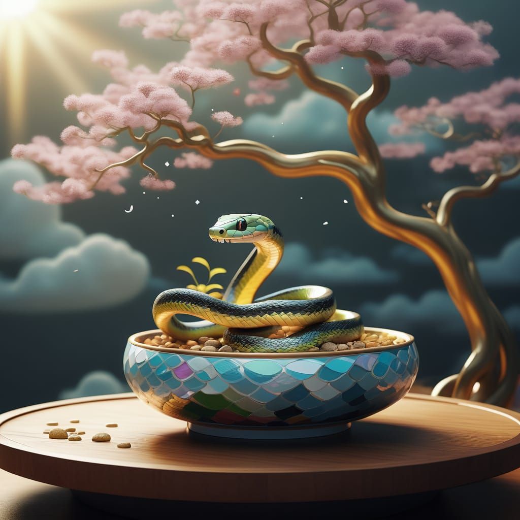 Surreal Low-Poly Art of Snake on Bonsai Tree in Golden Bowl