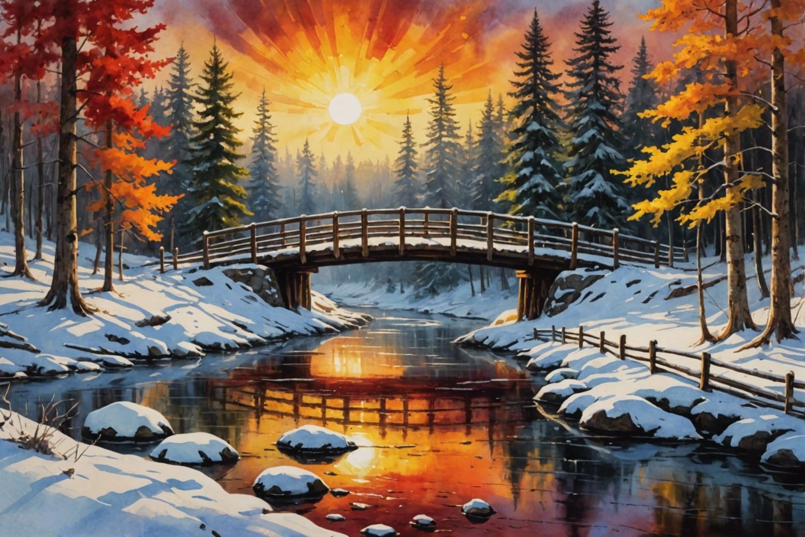 Winter Blizzard Over Forest Creek: Detailed Digital Painting