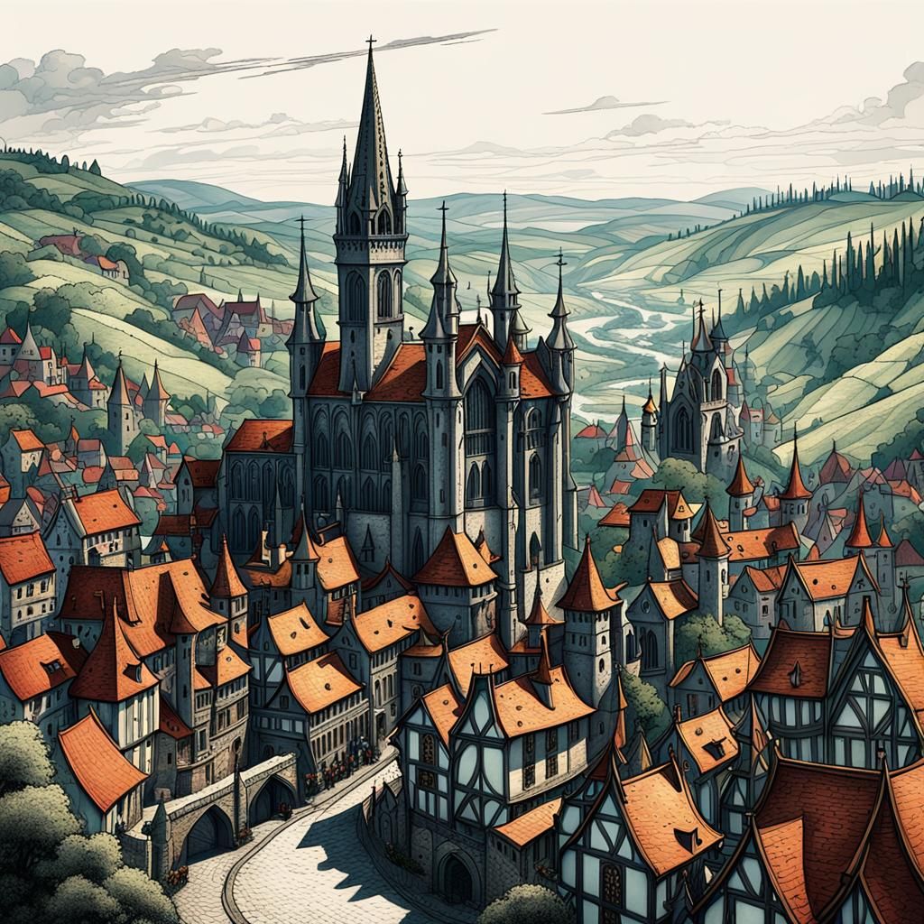 Medieval European Cityscape in Arthur Rackham Style