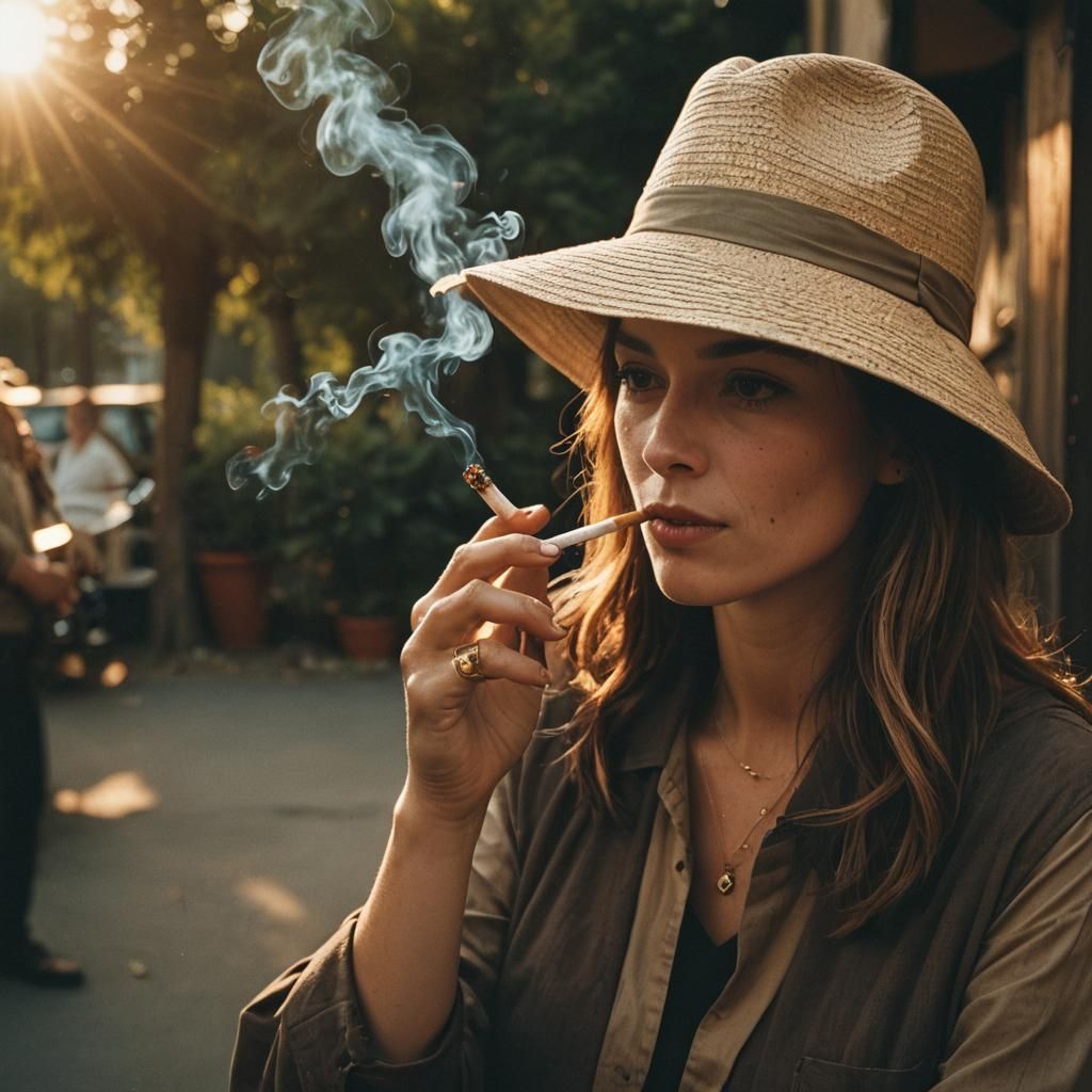 Person Smoking in Sun Hat: Cinematic Film Still