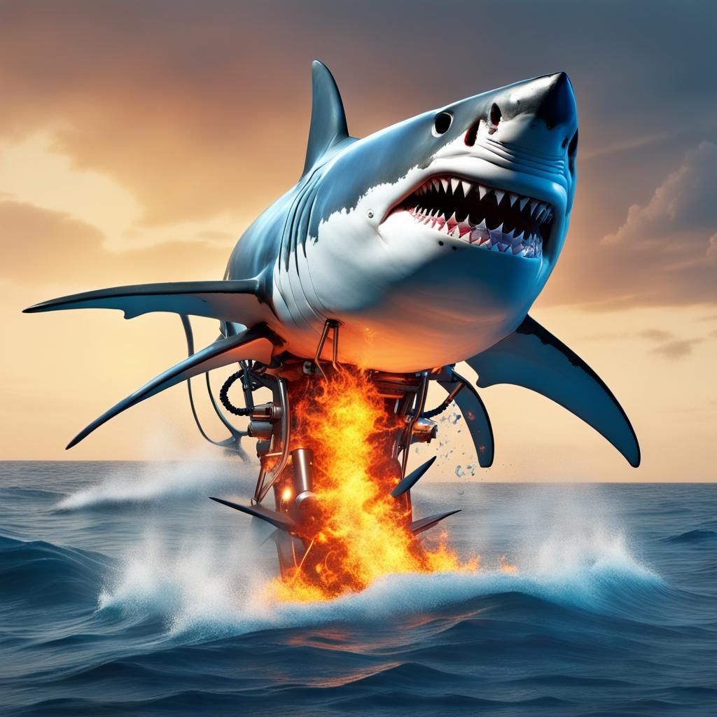 Robotic Shark with Flamethrower in Blue Ocean