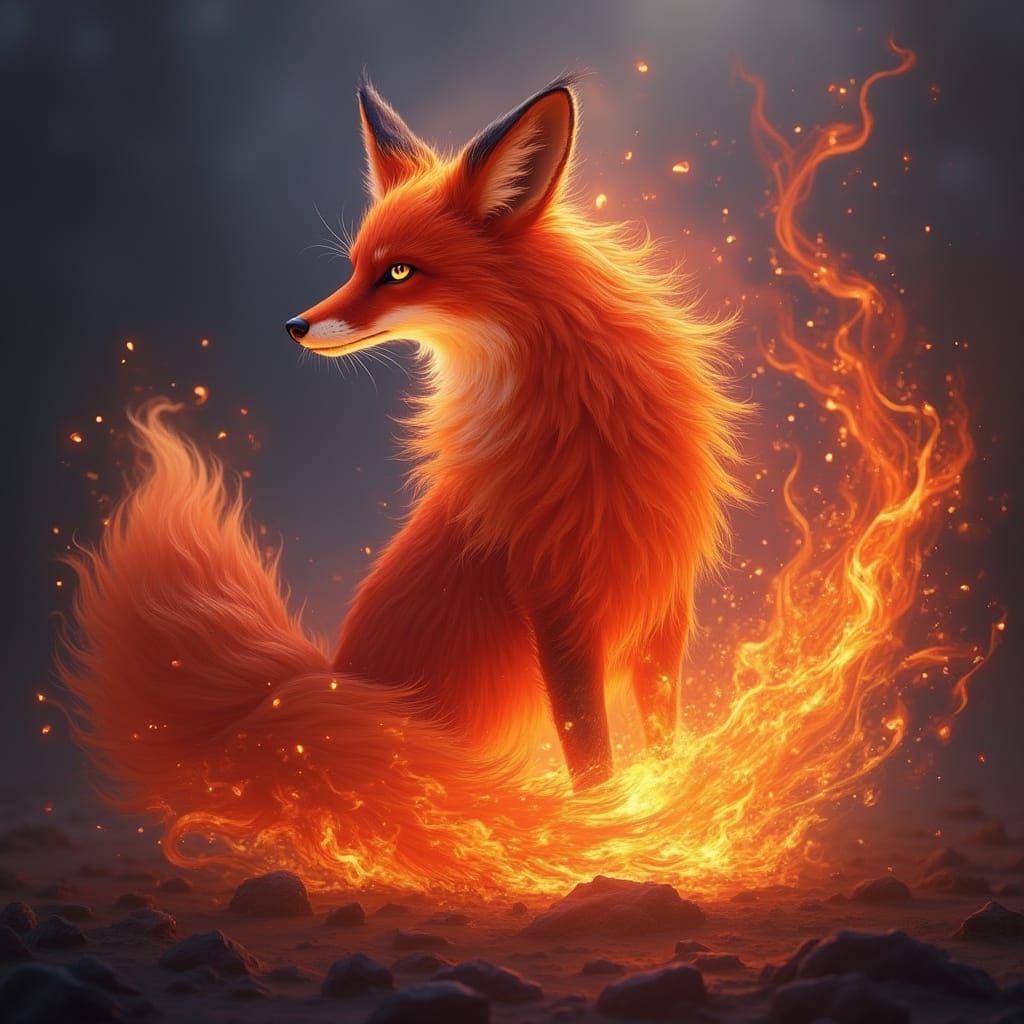 Majestic Red Fox in Swirling Flames, Fantasy Concept Art