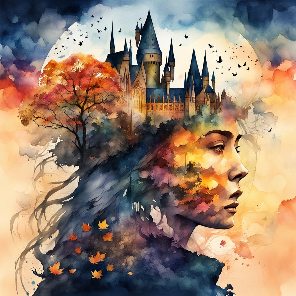 Hogwarts Sunset: Digital Watercolor Fantasy Illustration