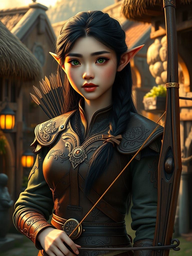 Fantasy Elf Maiden in Earthy Leather Armor, Standing in Medi...