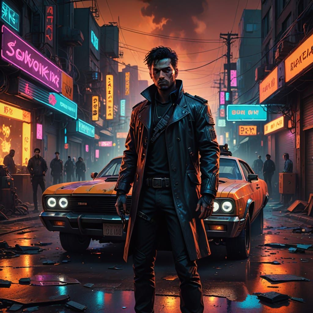 Gritty Cyberpunk Gunslinger Amidst Ruined Robots and Futuris...