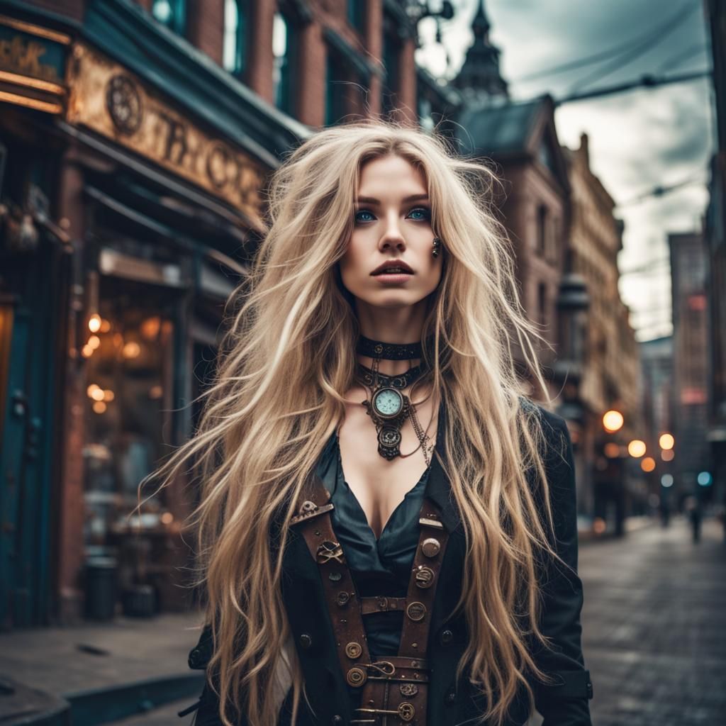 Enchanting Steampunk Girl in Neon Cityscape
