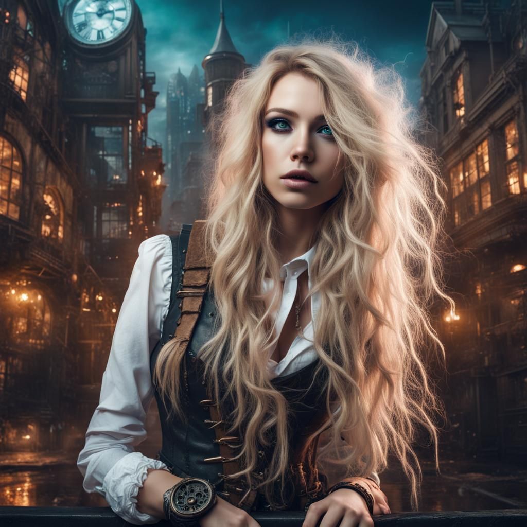 Steampunk Girl in Neon Cityscape