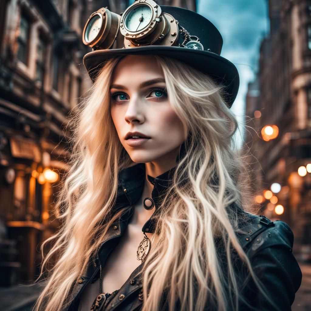 Steampunk Girl in Neon Cityscape