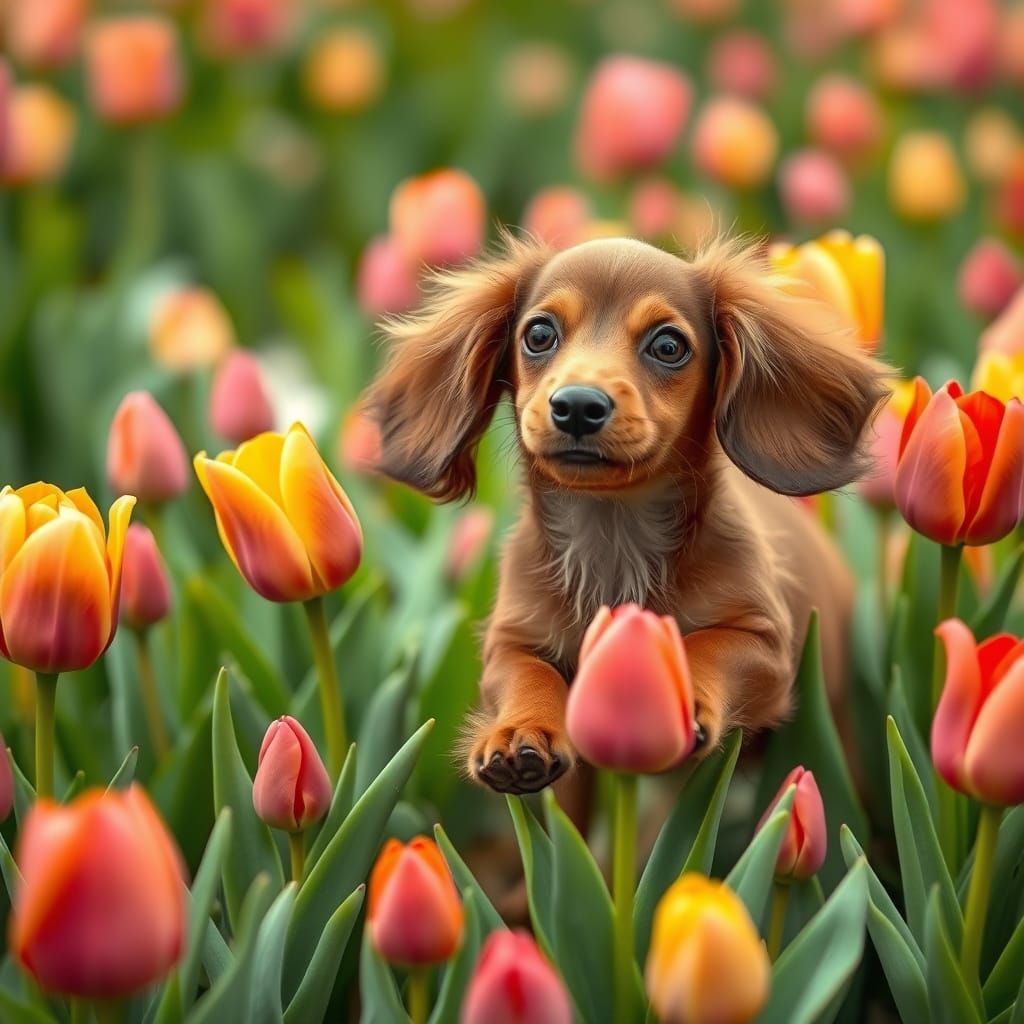 Whimsical Wiener Dog in a Tulip Meadow