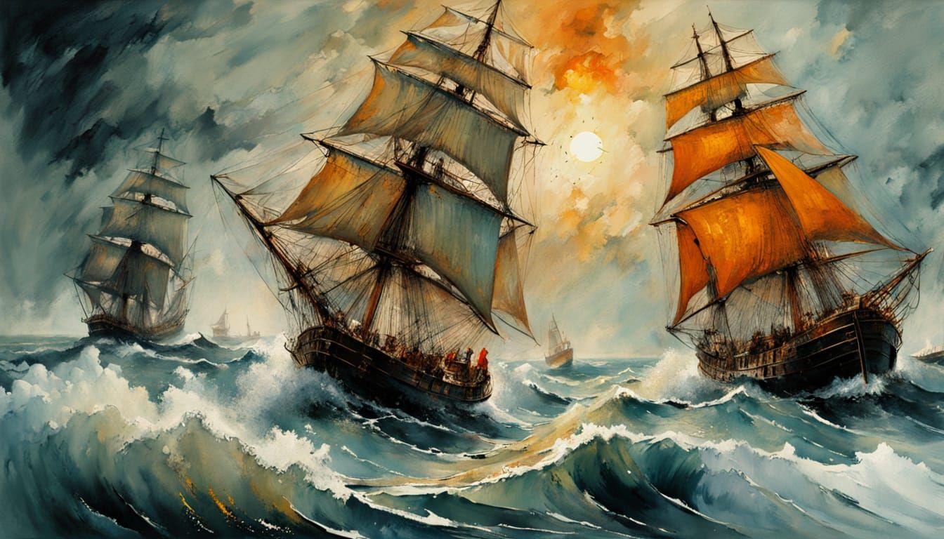 Fleet of Ships on Stormy Seas, Textured Paint Art