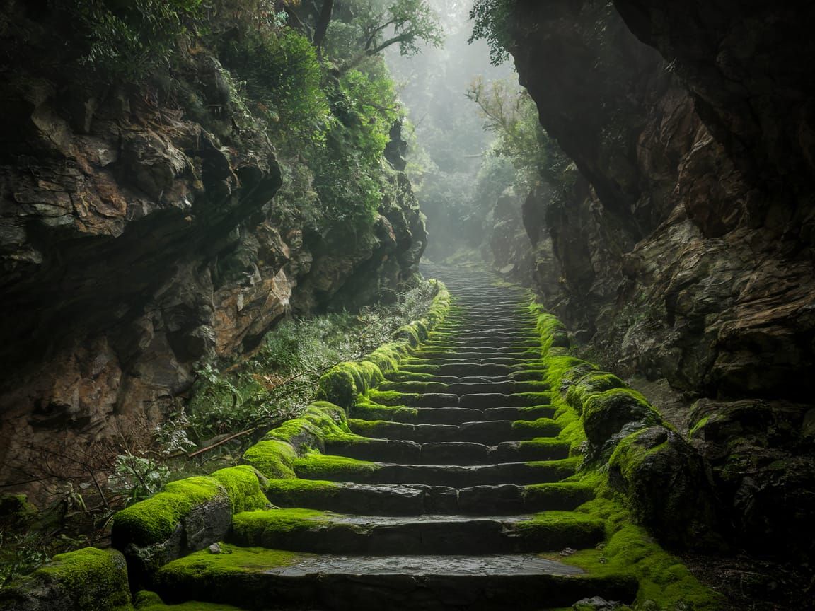 Mystical Stone Staircase Amidst Rocky Cliffside