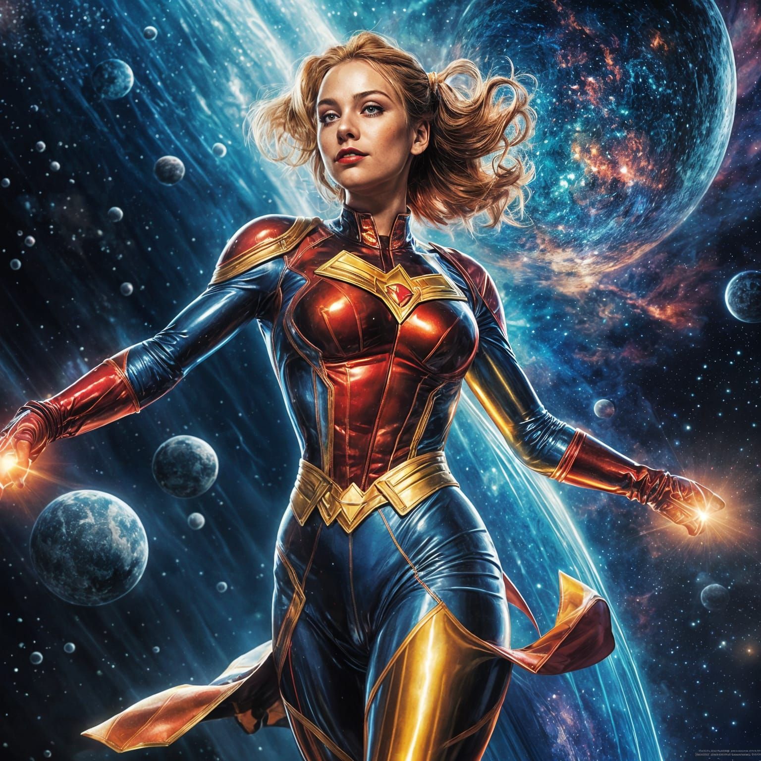 Vibrant Cosmic Superheroine in Latex Attire