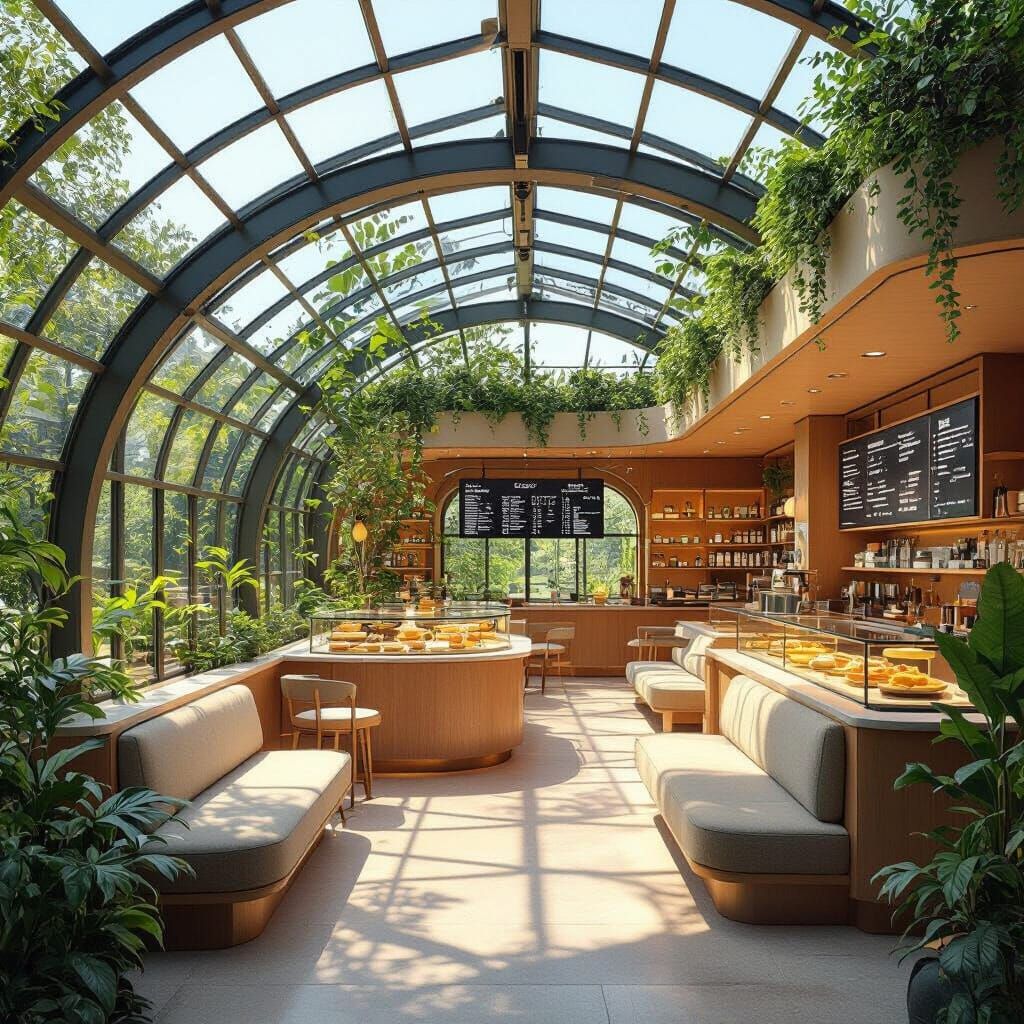 Glass Greenhouse Cafe Library with Cozy Atmosphere
