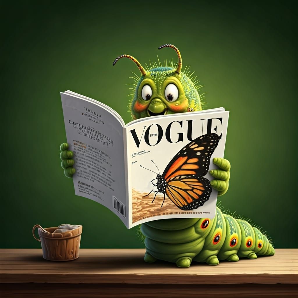 Caterpillar Reads Vogue with Butterfly Cover