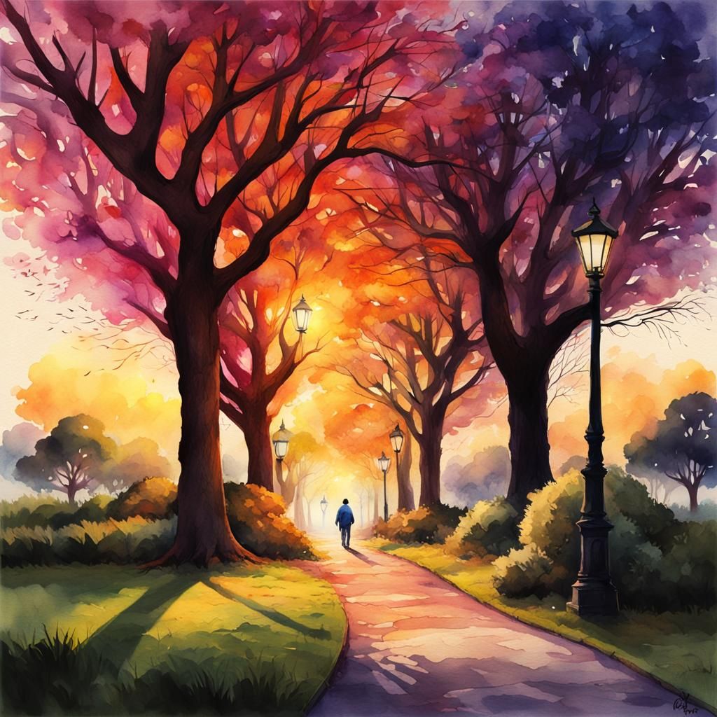 Watercolor Sunset Park Scene with Figure Walking Away