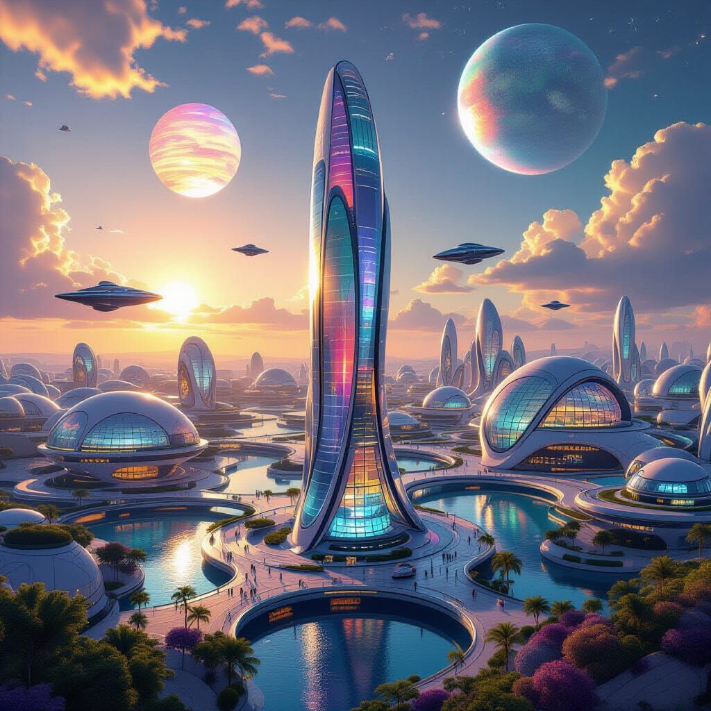 Alien Cityscape with Three Suns and Bioluminescent Architect...