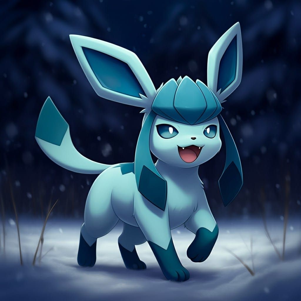 Cute Glaceon Pokemon in Snowy Field at Night